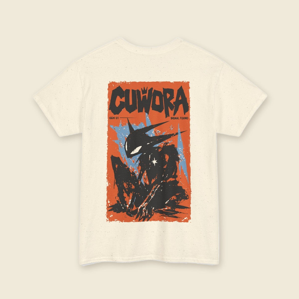 Street Signal Tee product render: natural tee, back print of a burnt orange street poster with a creature and the CUWORA wordmark, orange C mark on the left chest