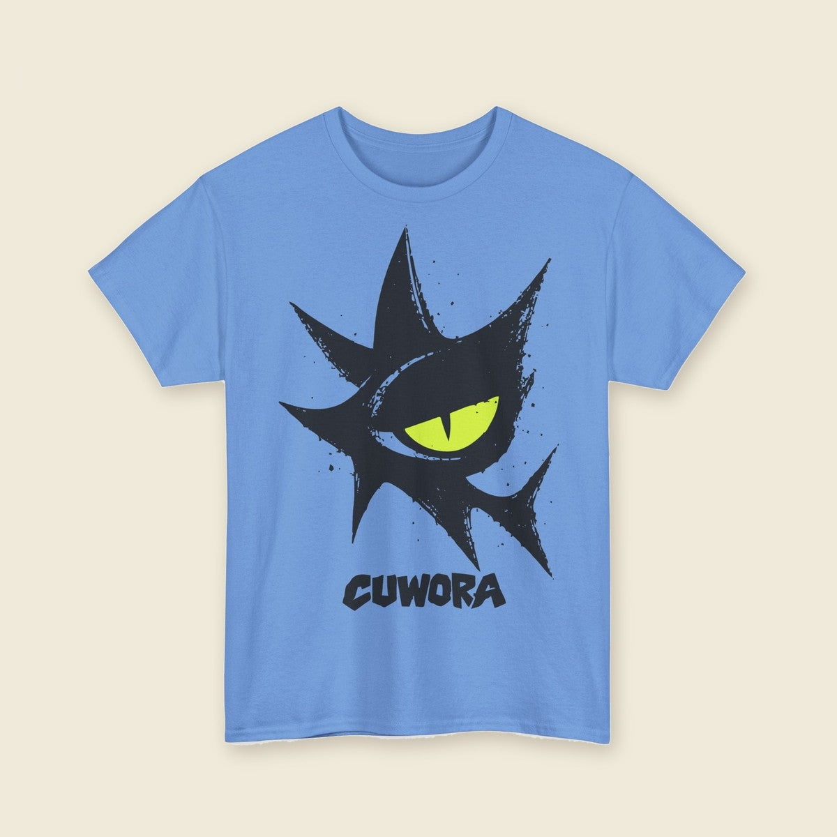 Signal Eye Tee in Carolina Blue, front print of a large spiked eye with an acid lime iris