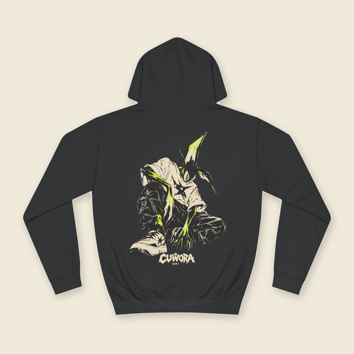 Signal Creature Hoodie product render: black hoodie, back print of a crouched clawed creature in bone and acid lime, C mark on the left chest