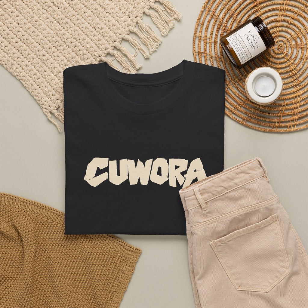 CUWORA Wordmark Tee product render: CUWORA wordmark printed large across the chest, plain back