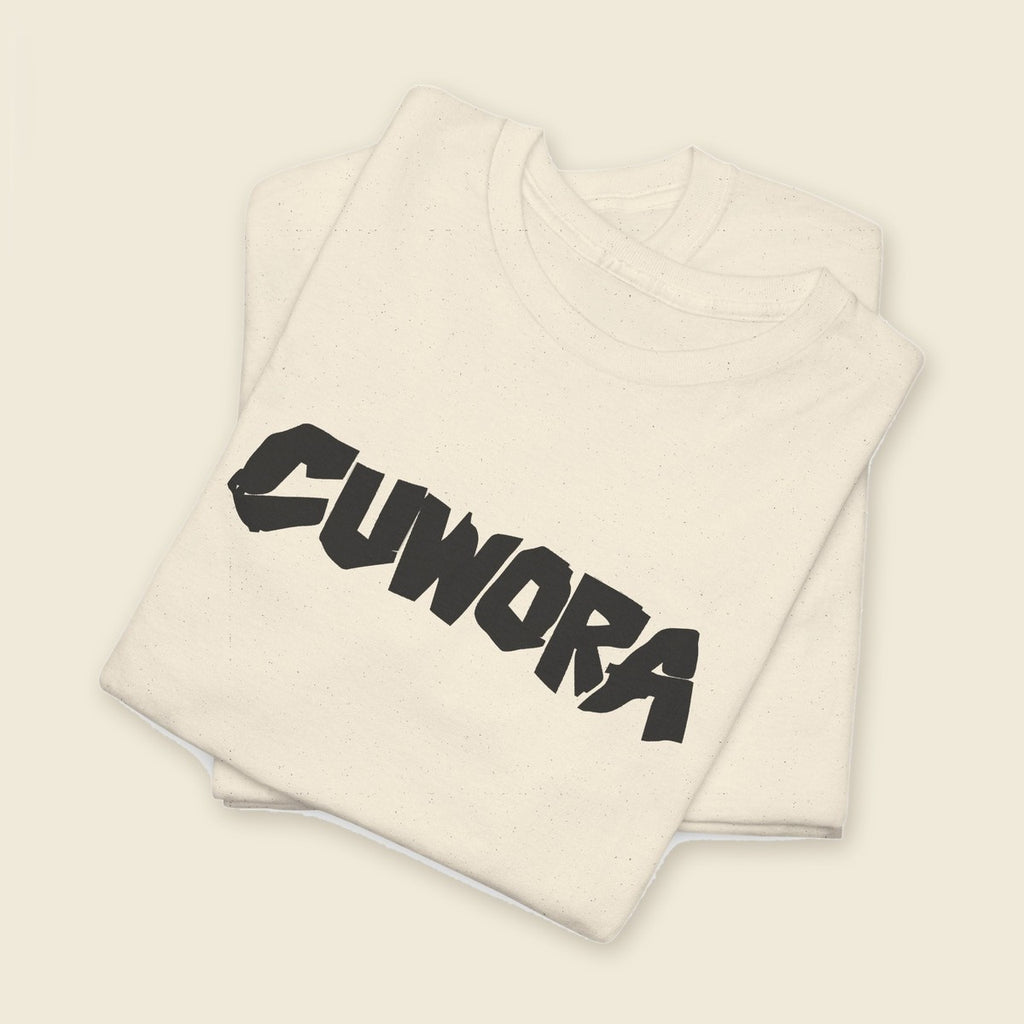 CUWORA Wordmark Tee product render: CUWORA wordmark printed large across the chest, plain back