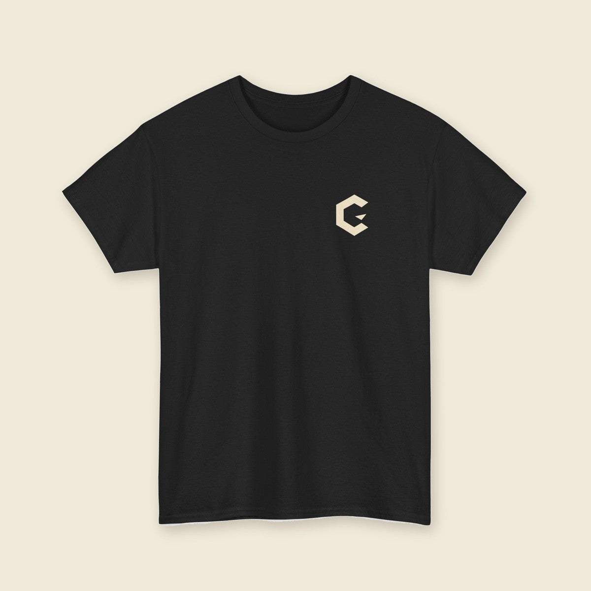Hooded Portrait Tee product render: black tee, back print of a hooded portrait in bone and dusty blue ink, C mark on the left chest