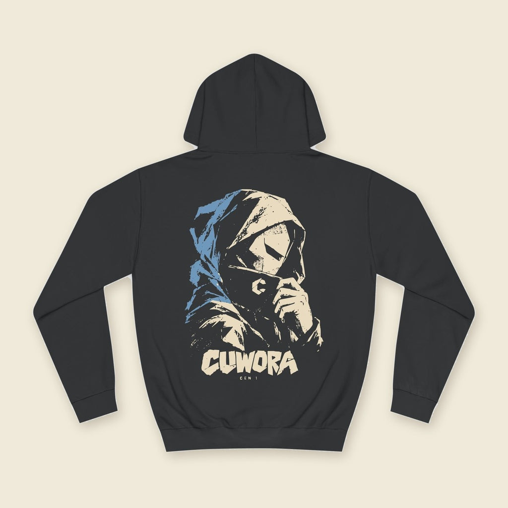 Hooded Portrait Hoodie product render: black hoodie, back print of a hooded portrait in bone and dusty blue ink, C mark on the left chest