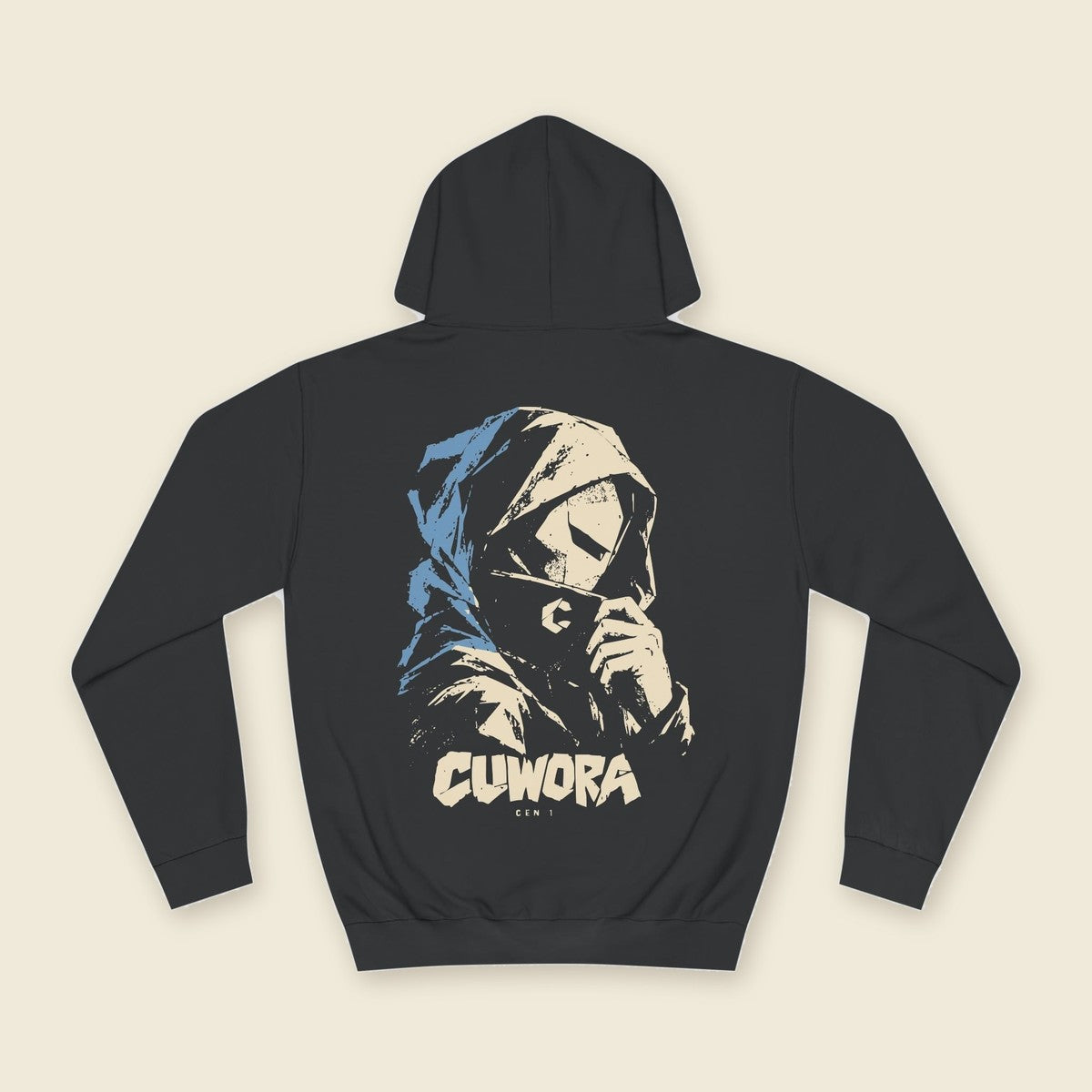 Hooded Portrait Hoodie product render: black hoodie, back print of a hooded portrait in bone and dusty blue ink, C mark on the left chest