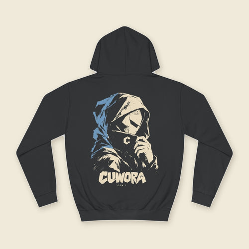 Hooded Portrait Hoodie product render: black hoodie, back print of a hooded portrait in bone and dusty blue ink, C mark on the left chest