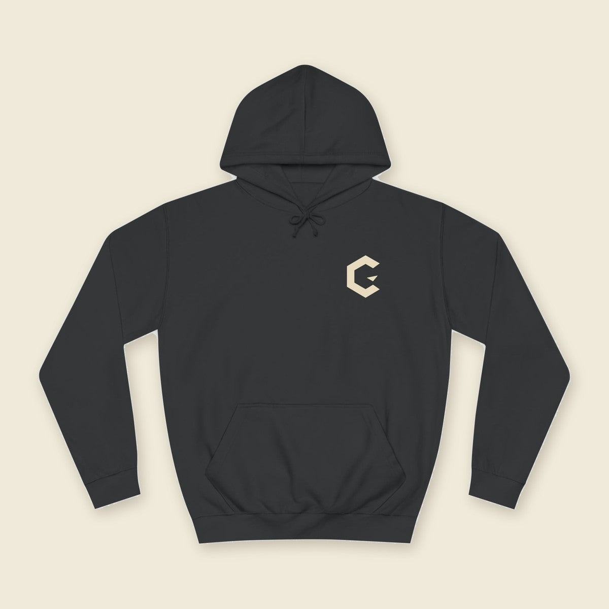 Hooded Portrait Hoodie product render: black hoodie, back print of a hooded portrait in bone and dusty blue ink, C mark on the left chest