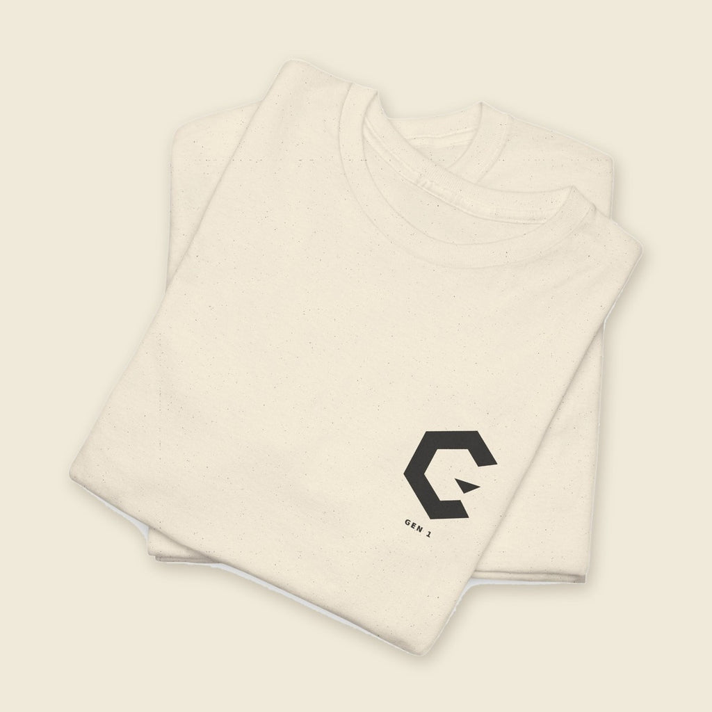 Seated Signal Tee product render: natural tee, back print of a seated figure in black ink against a dusty blue panel, C mark on the left chest