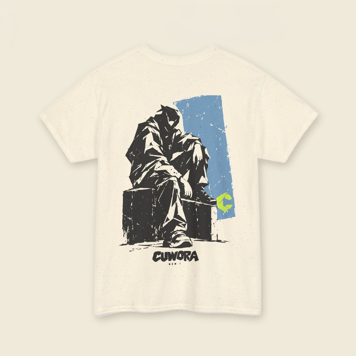 Seated Signal Tee product render: natural tee, back print of a seated figure in black ink against a dusty blue panel, C mark on the left chest
