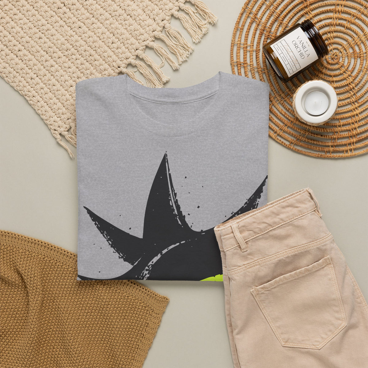 Signal Eye Tee in Sport Grey, flat lay with jeans