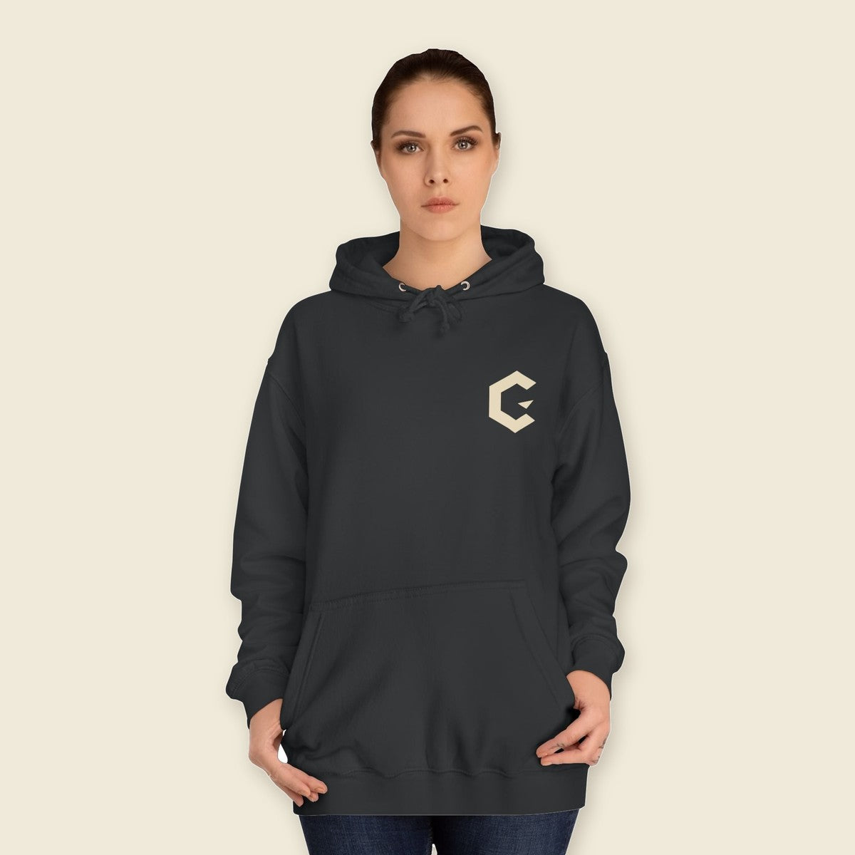 Hooded Portrait Hoodie product render: black hoodie, back print of a hooded portrait in bone and dusty blue ink, C mark on the left chest