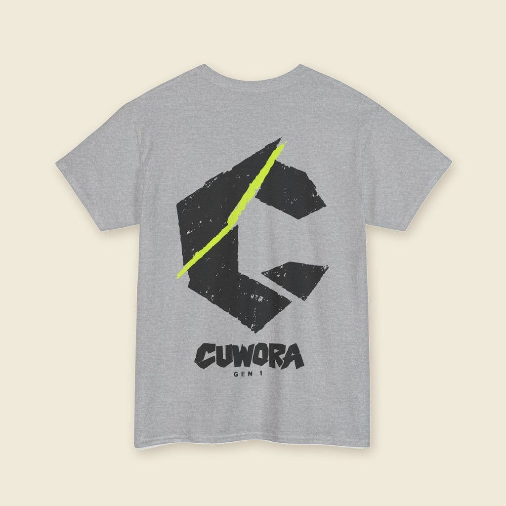C Slash Tee in Sport Grey, back print of a large black C cut by an acid lime slash
