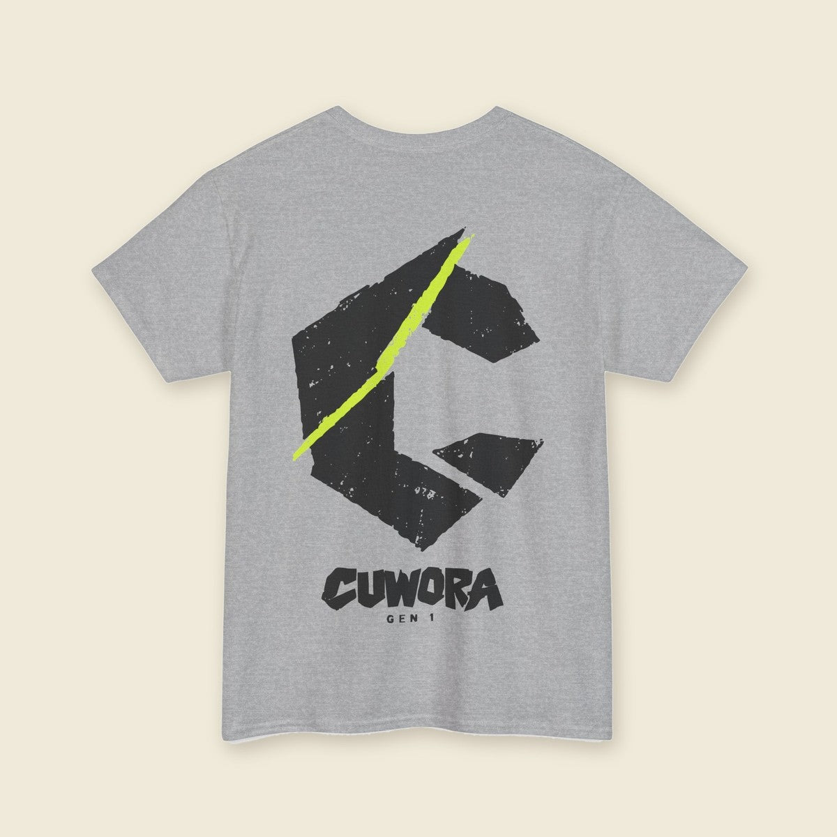 C Slash Tee in Sport Grey, back print of a large black C cut by an acid lime slash