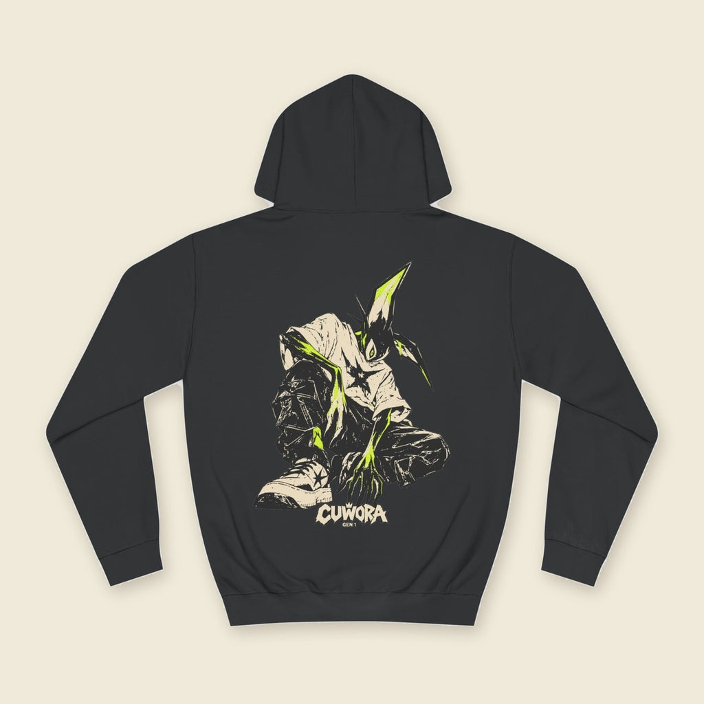 Signal Creature Hoodie product render: black hoodie, back print of a crouched clawed creature in bone and acid lime, C mark on the left chest