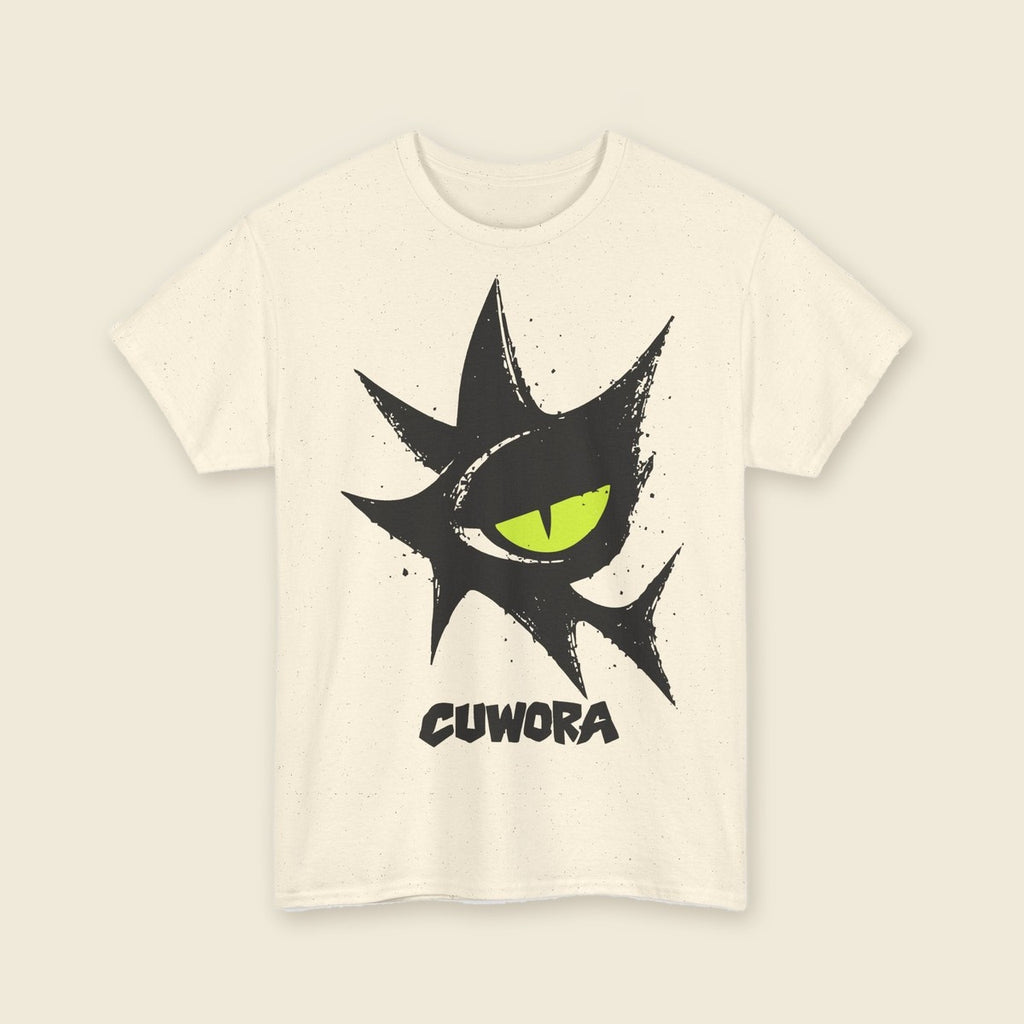 Signal Eye Tee in Natural, front print of a large spiked eye with an acid lime iris