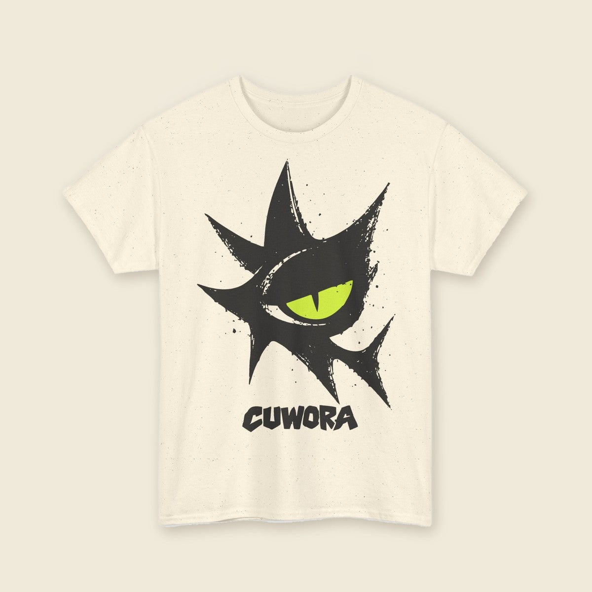 Signal Eye Tee in Natural, front print of a large spiked eye with an acid lime iris