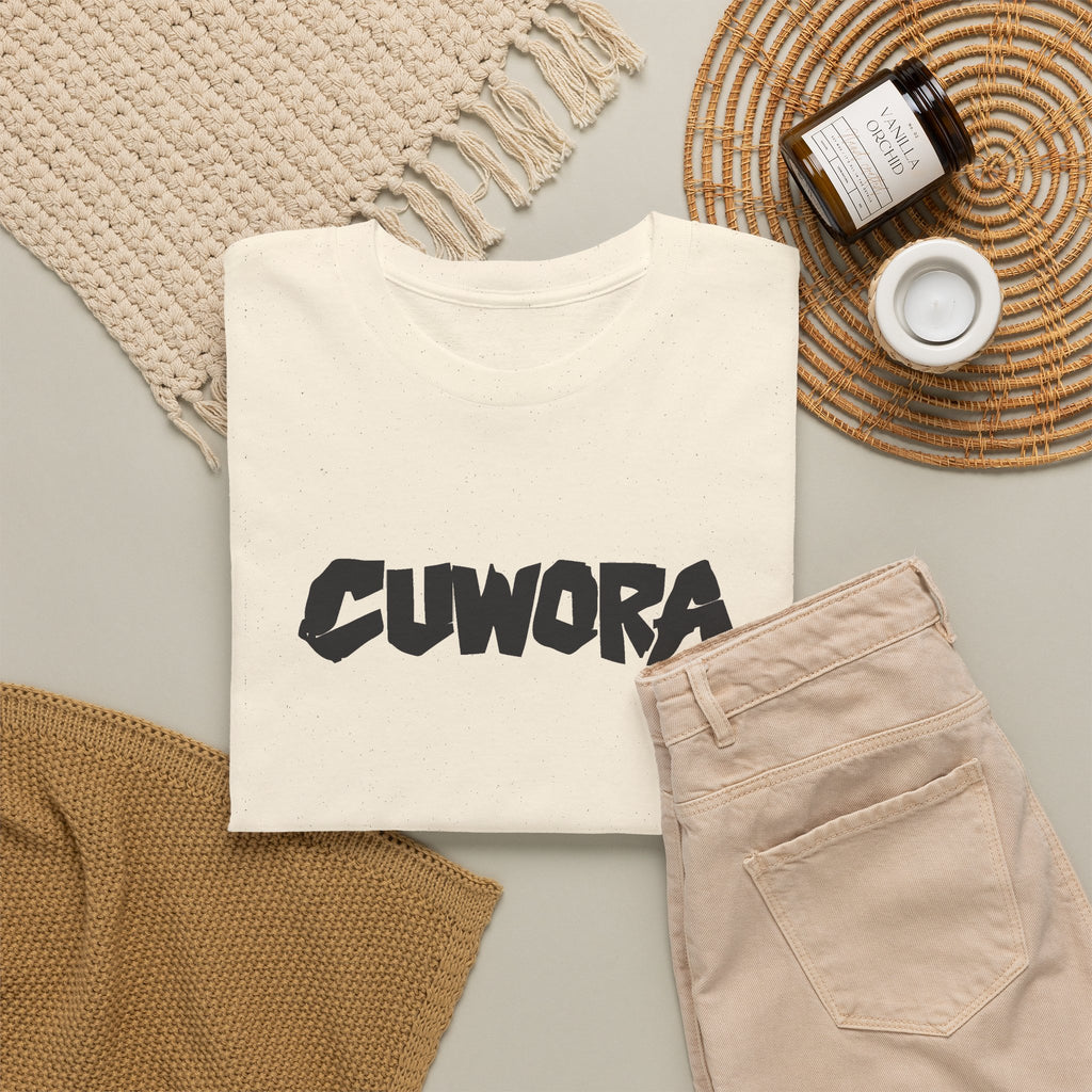 CUWORA Wordmark Tee product render: CUWORA wordmark printed large across the chest, plain back