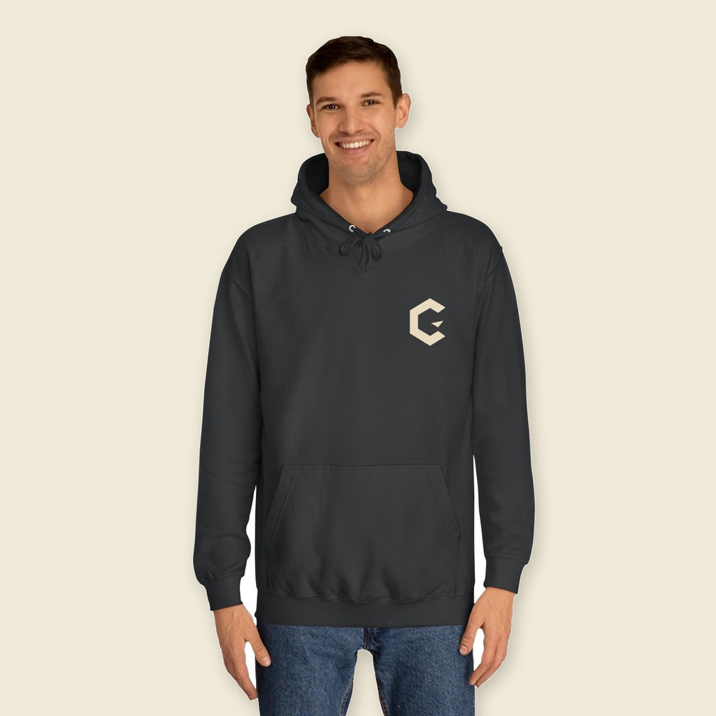Signal Creature Hoodie product render: black hoodie, back print of a crouched clawed creature in bone and acid lime, C mark on the left chest