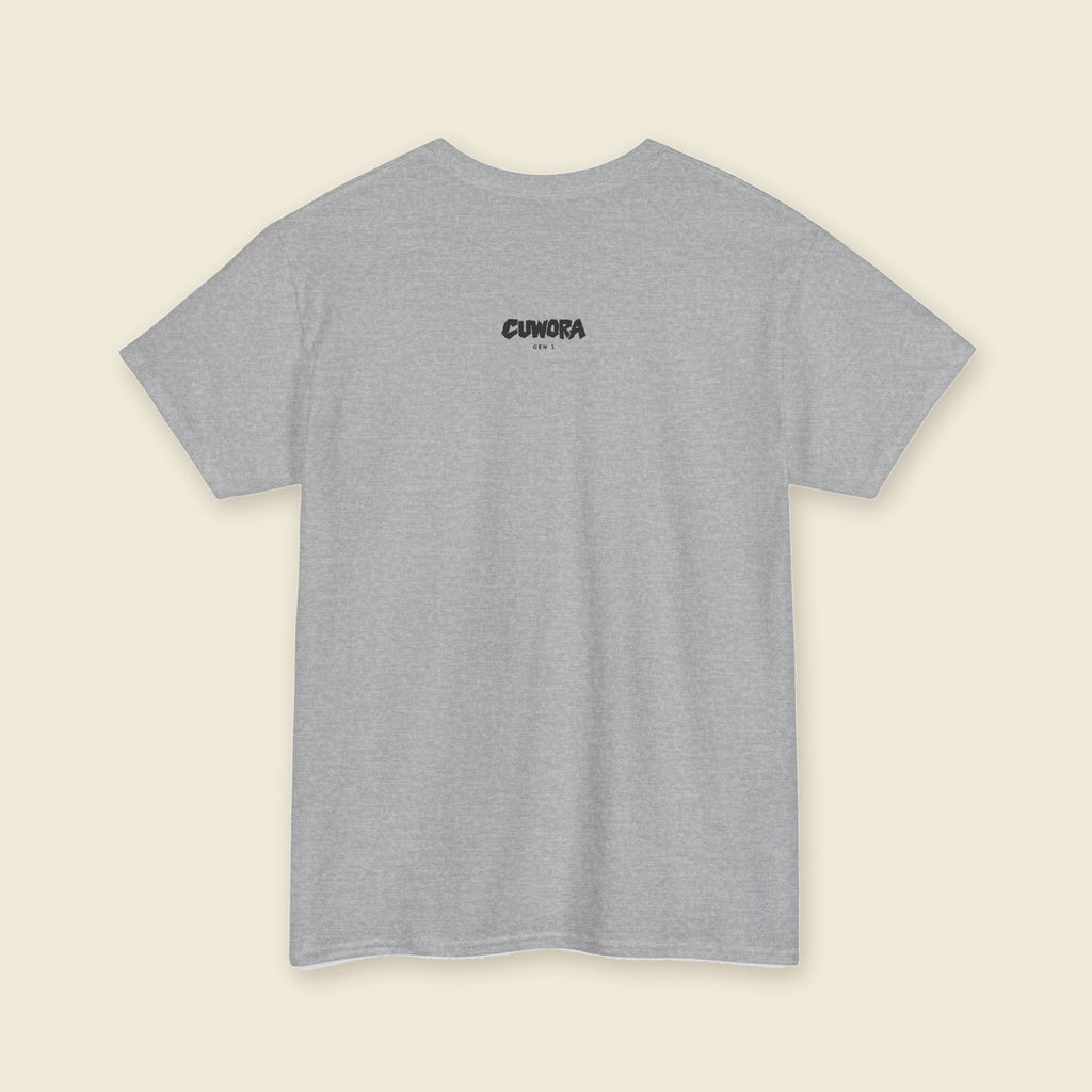 Signal Eye Tee in Sport Grey, back view with a small CUWORA wordmark