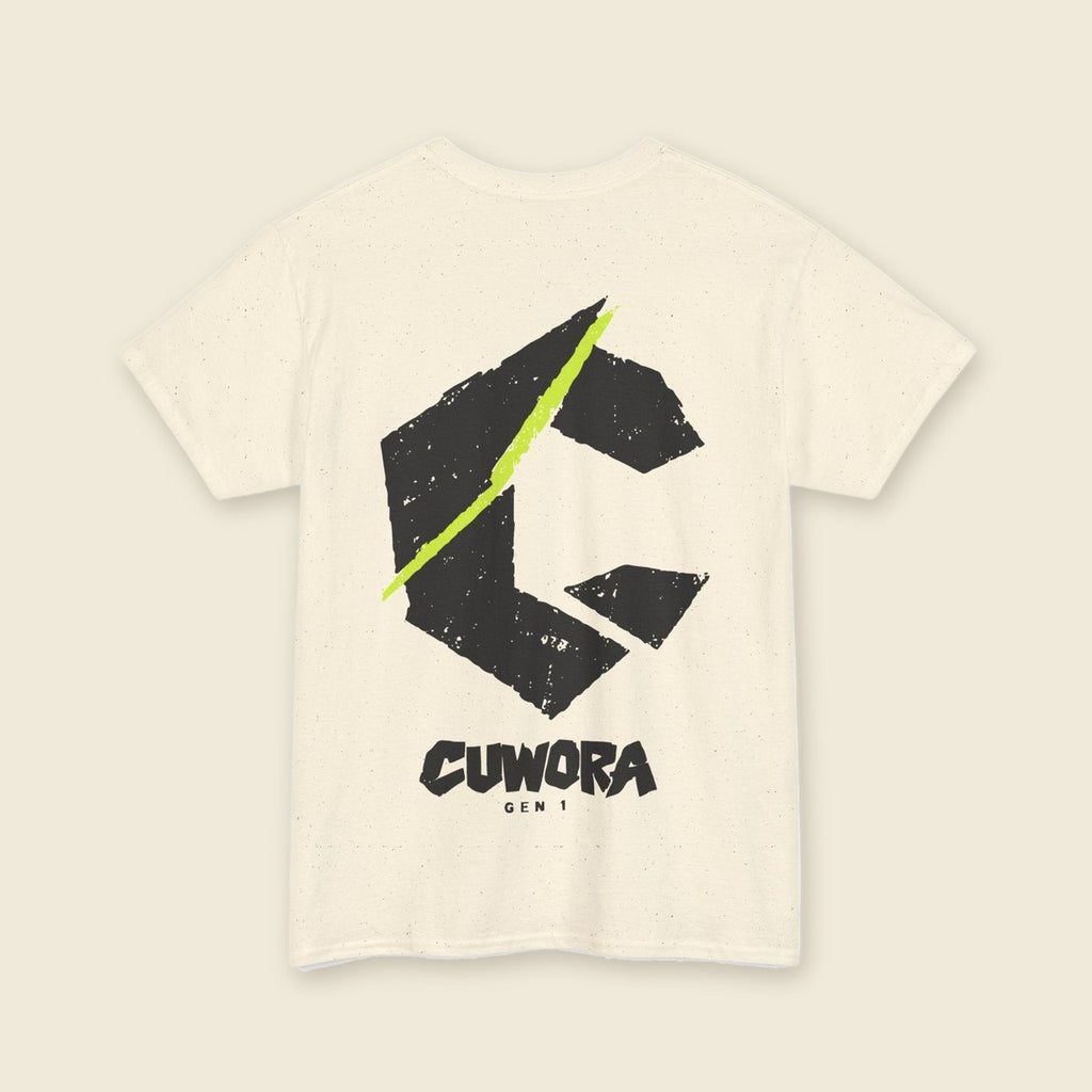 C Slash Tee in Natural, back print of a large black C cut by an acid lime slash