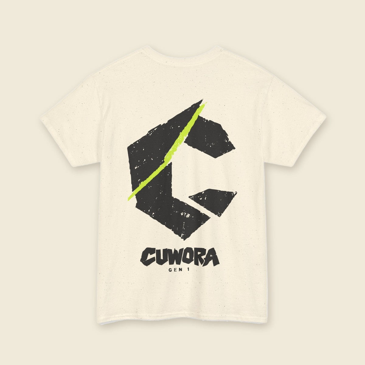C Slash Tee in Natural, back print of a large black C cut by an acid lime slash