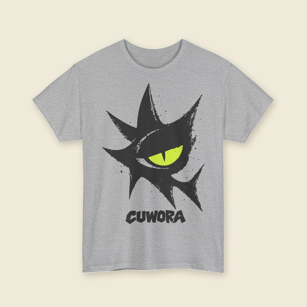 Signal Eye Tee in Sport Grey, front print of a large spiked eye with an acid lime iris
