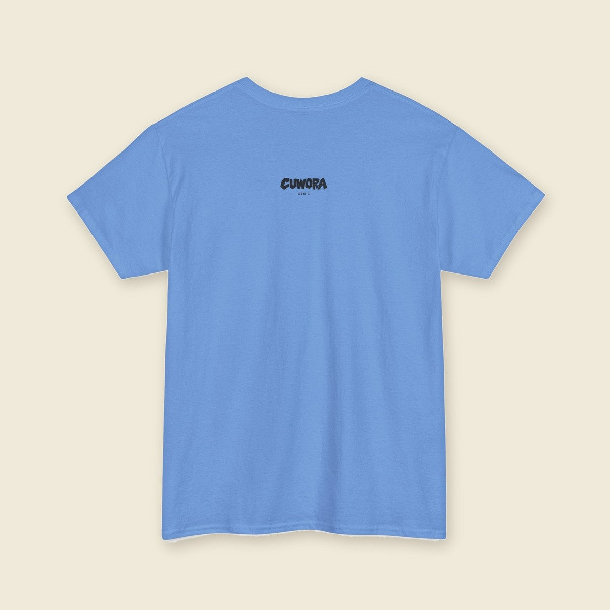 Signal Eye Tee in Carolina Blue, back view with a small CUWORA wordmark