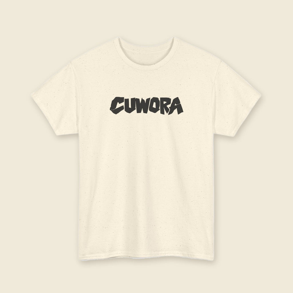 CUWORA Wordmark Tee product render: CUWORA wordmark printed large across the chest, plain back