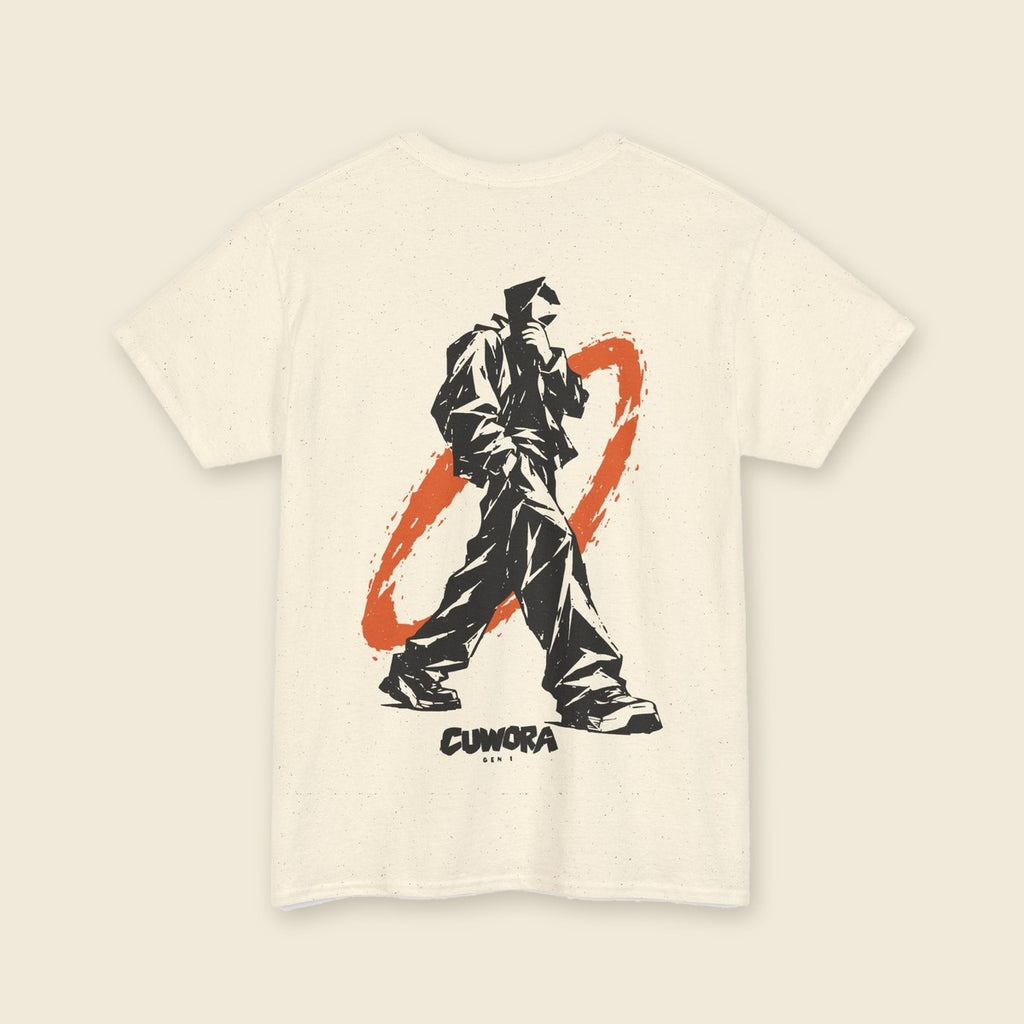 Walking Signal Tee product render: natural tee, back print of a figure mid-stride inside a burnt orange ring, orange C mark on the left chest