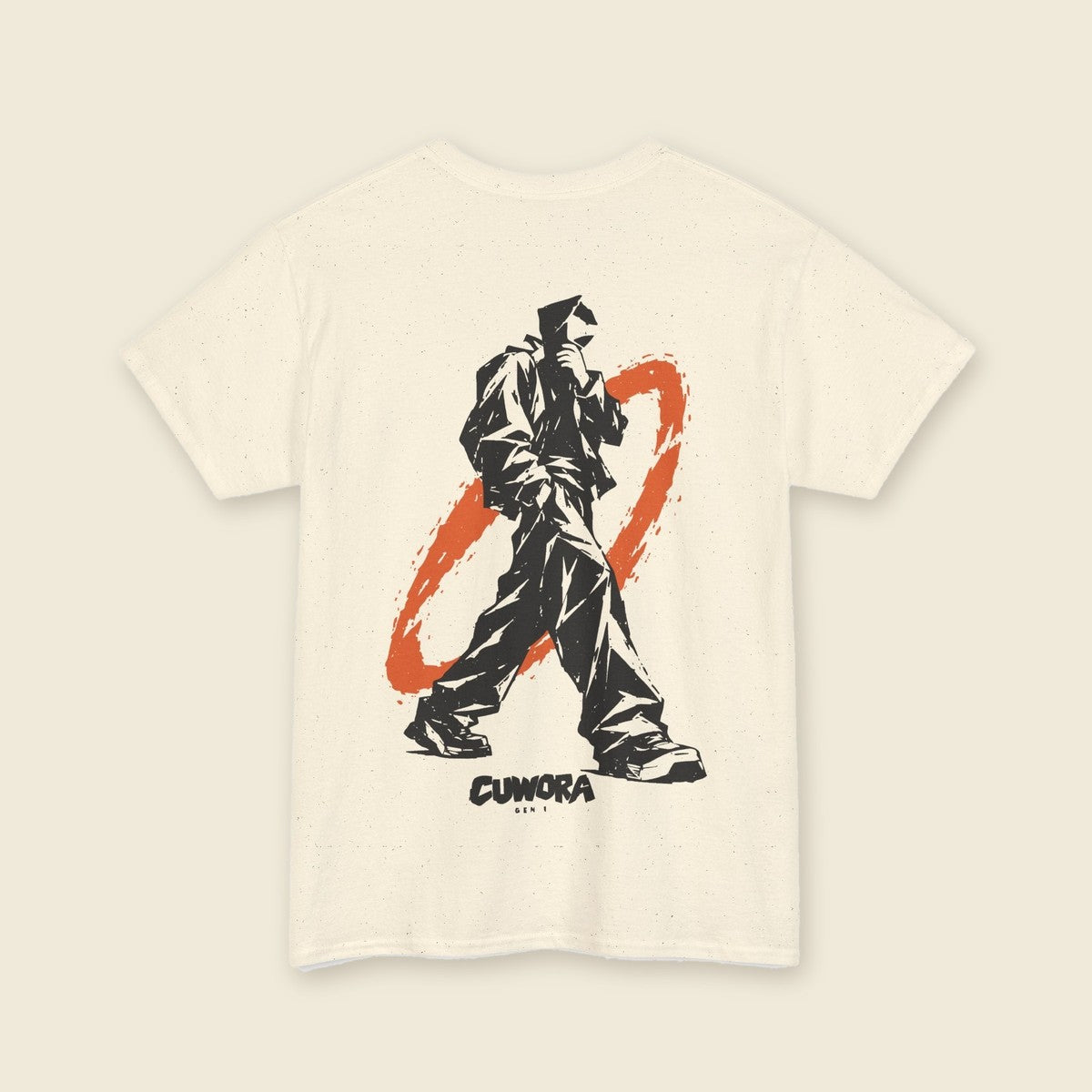 Walking Signal Tee product render: natural tee, back print of a figure mid-stride inside a burnt orange ring, orange C mark on the left chest