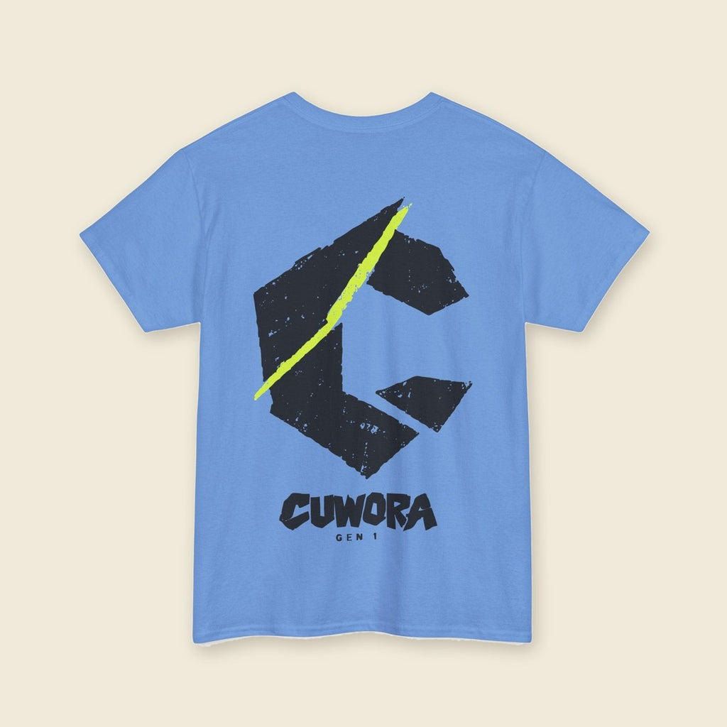 C Slash Tee in Carolina Blue, back print of a large black C cut by an acid lime slash