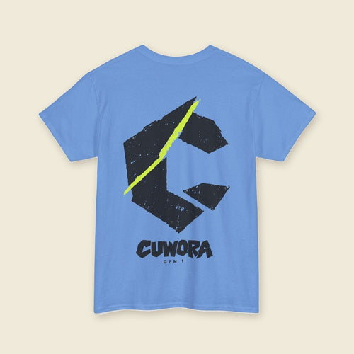 C Slash Tee in Carolina Blue, back print of a large black C cut by an acid lime slash