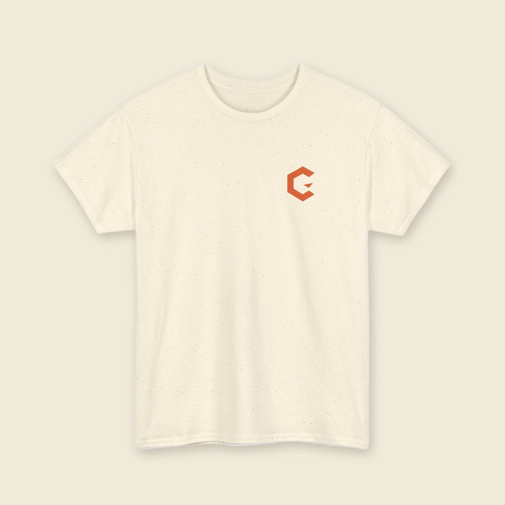 Street Signal Tee product render: natural tee, back print of a burnt orange street poster with a creature and the CUWORA wordmark, orange C mark on the left chest
