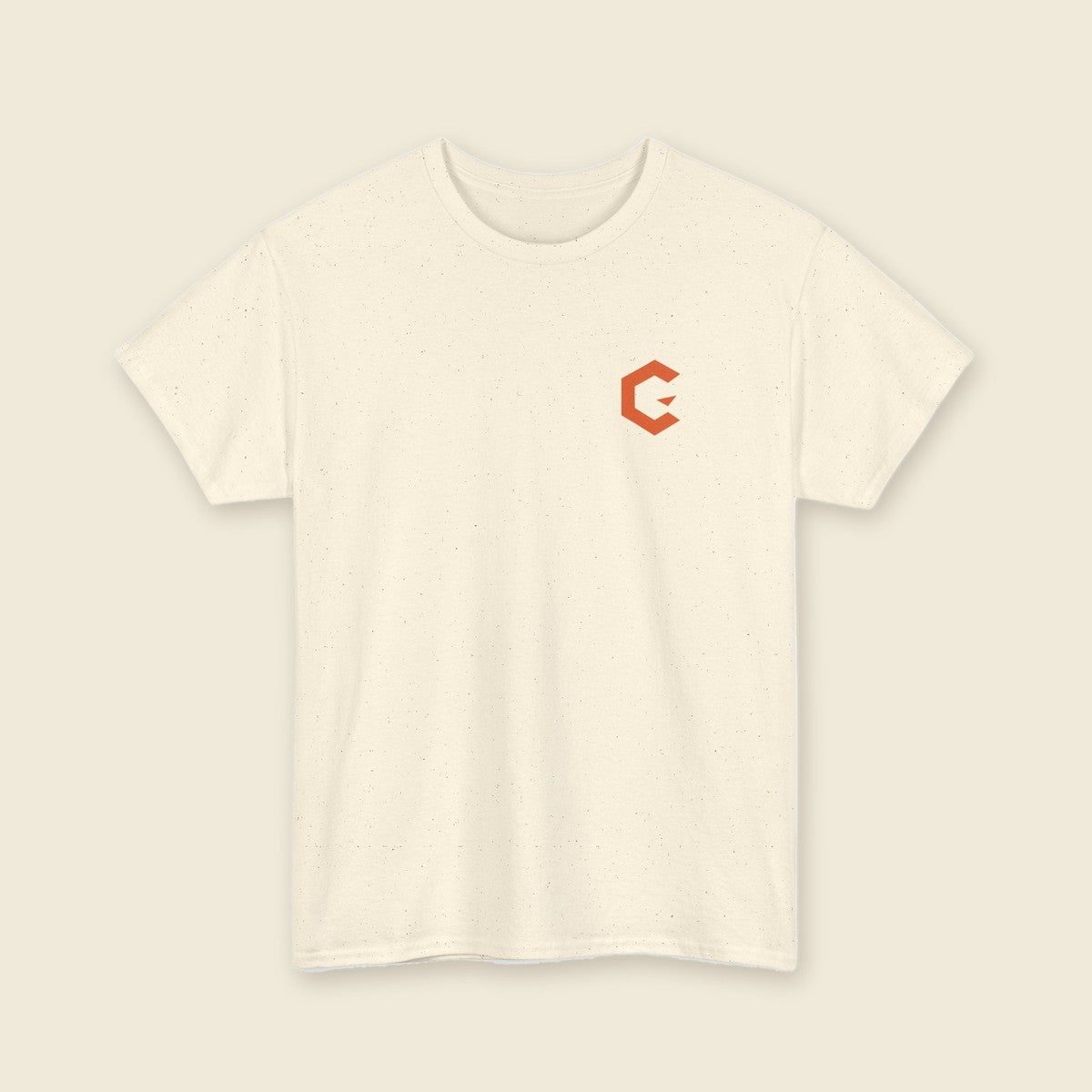 Street Signal Tee product render: natural tee, back print of a burnt orange street poster with a creature and the CUWORA wordmark, orange C mark on the left chest