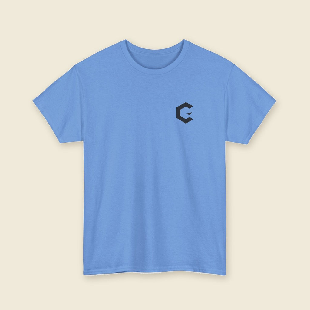 C Slash Tee in Carolina Blue, front view with the black C mark on the left chest