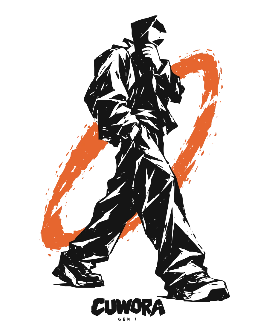 Walking artwork: a figure mid-stride inside a burnt orange ring