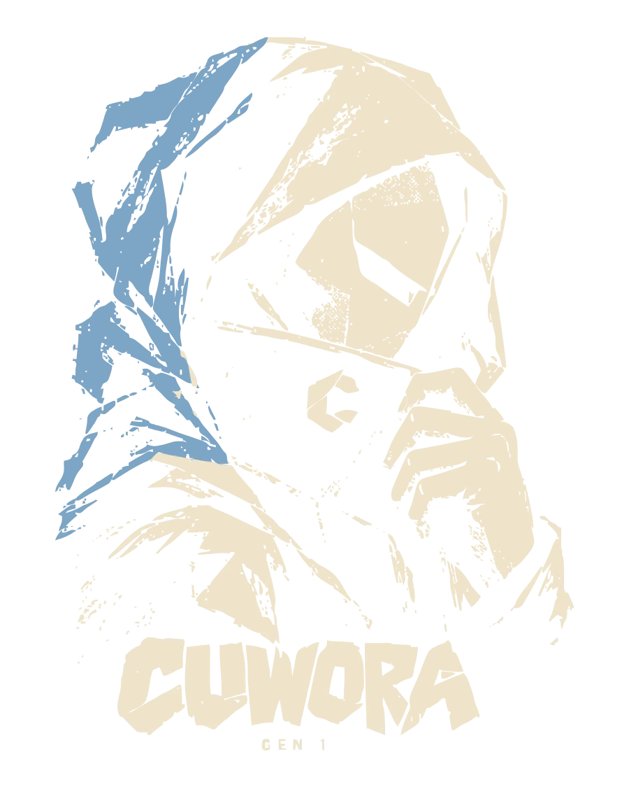 Hooded Portrait artwork: a hooded figure in bone and dusty blue ink