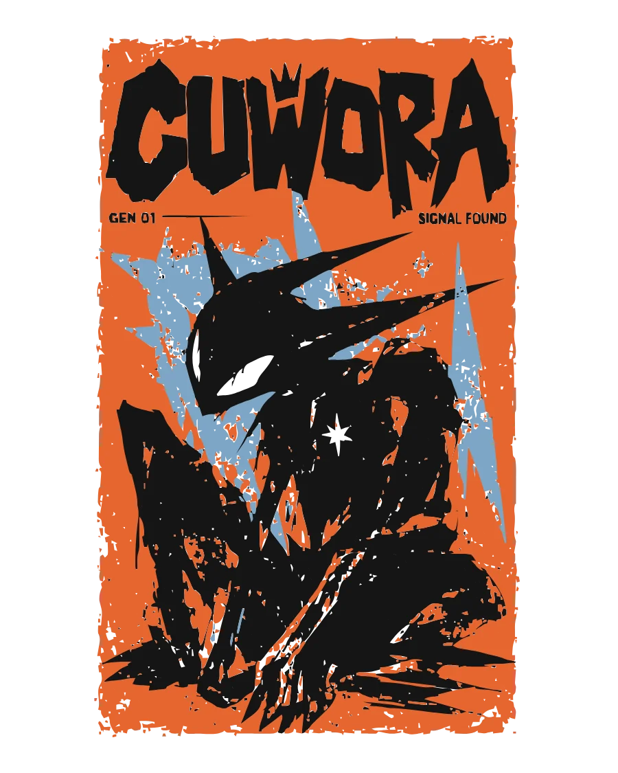 Street poster artwork: a burnt orange poster with the creature and the CUWORA wordmark