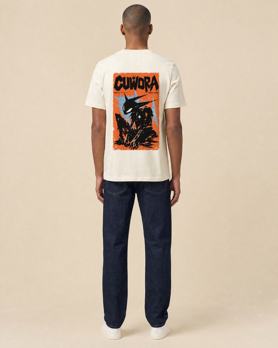 Model wearing the Street Signal Tee in Natural, back view with the burnt orange street poster print